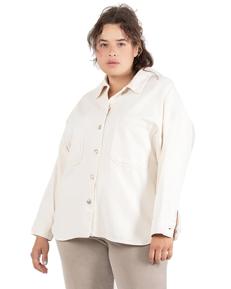 Plus size model wearing Kamryn Denim Shacket by Dex Plus | Dia&Co | dia_product_style_image_id:184006